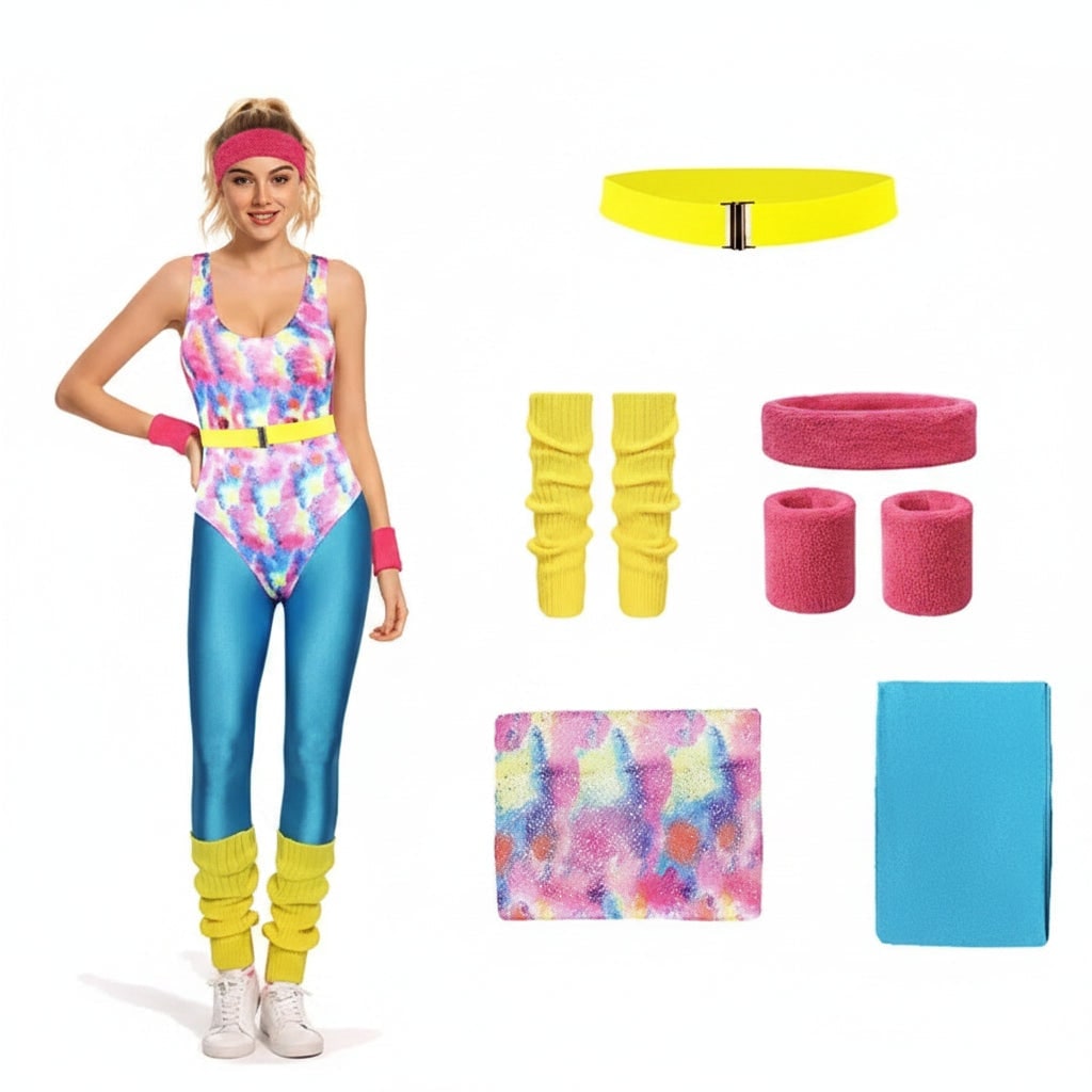 Girls' Halloween 80s Costume Party Workout Outfit with Leotard Leggings Wear - Image 3