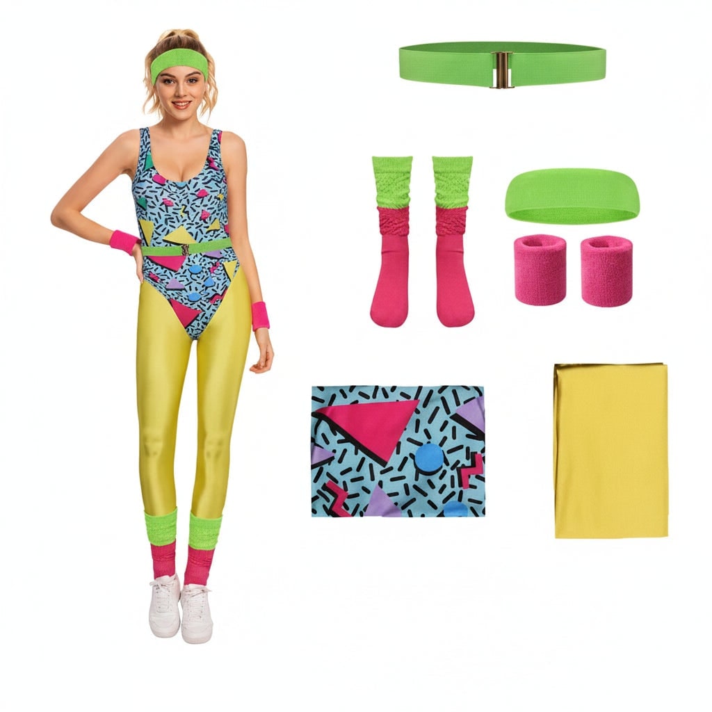 Girls' Halloween 80s Costume Party Workout Outfit with Leotard Leggings Wear - Image 4