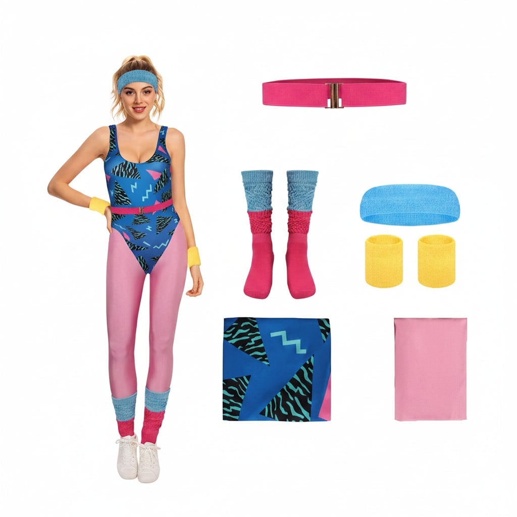 Girls' Halloween 80s Costume Party Workout Outfit with Leotard Leggings Wear - Image 5