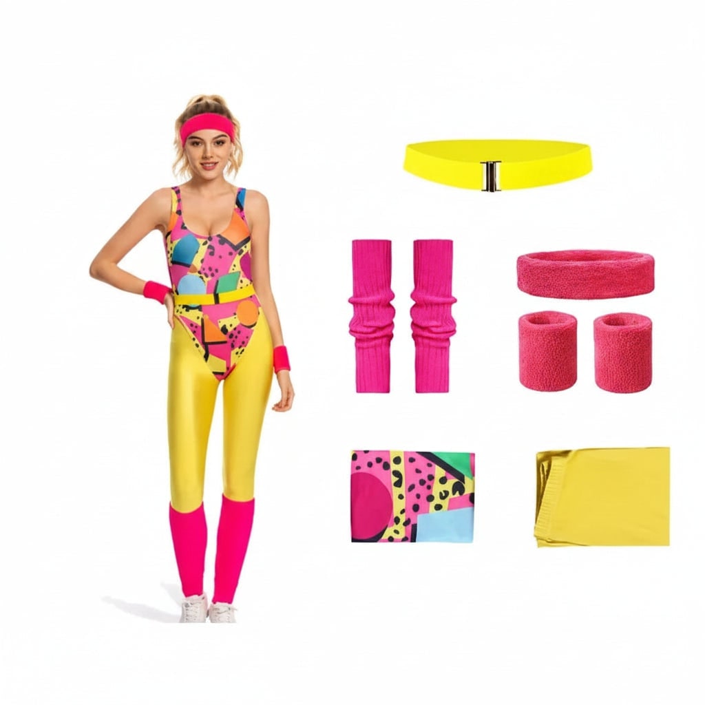 Girls' Halloween 80s Costume Party Workout Outfit with Leotard Leggings Wear - Image 6