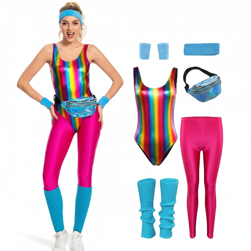Girls' Halloween 80s Costume Party Workout Outfit with Leotard Leggings Wear - Image 7
