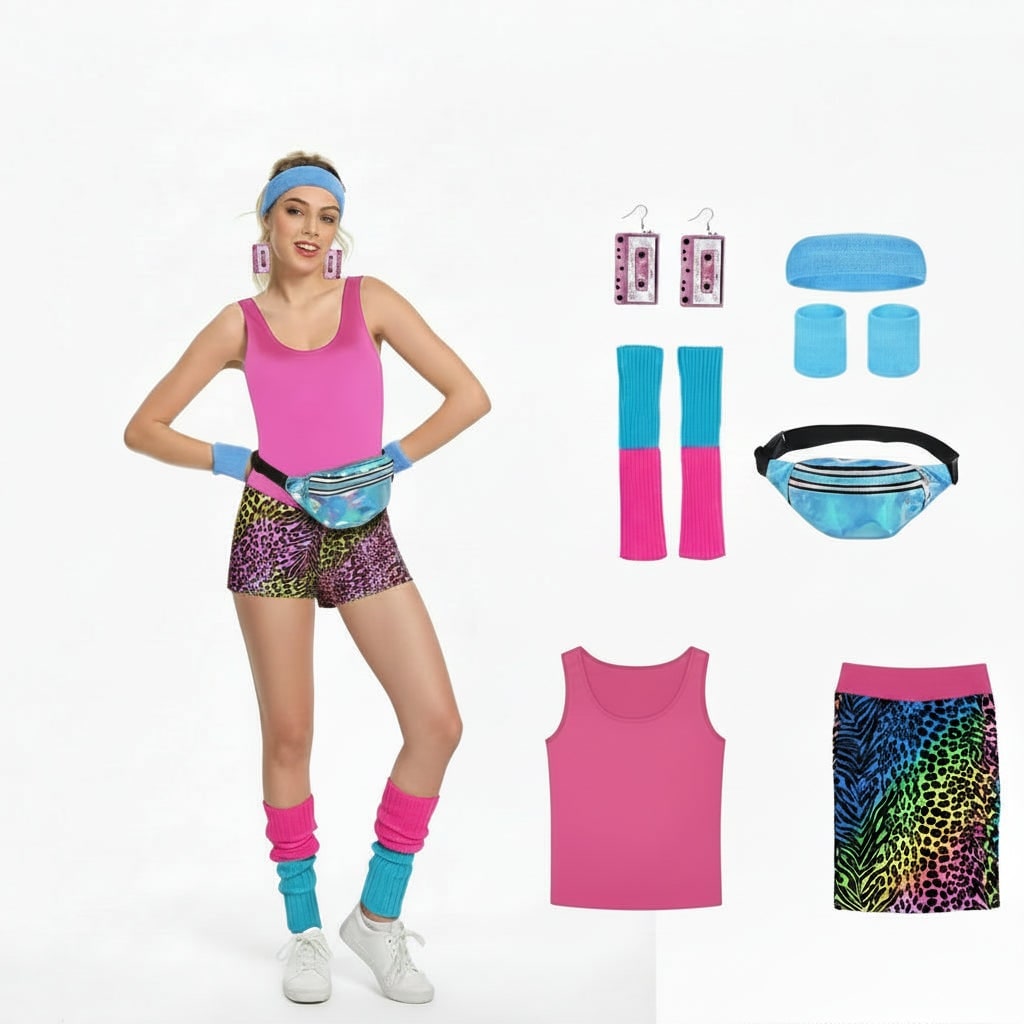 Girls' Halloween 80s Costume Party Workout Outfit with Leotard Leggings Wear - Image 8