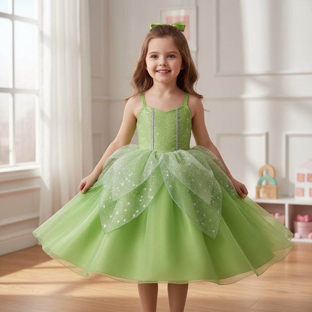 Girls' Halloween Fairy Costume and Dress Set with Wings Tiara Wand and Gloves for Pretend Play Party - Image 1