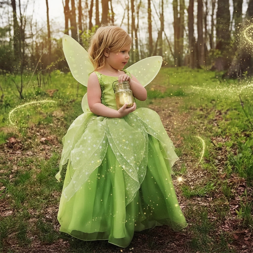 Girls' Halloween Fairy Costume and Dress Set with Wings Tiara Wand and Gloves for Pretend Play Party - Image 2