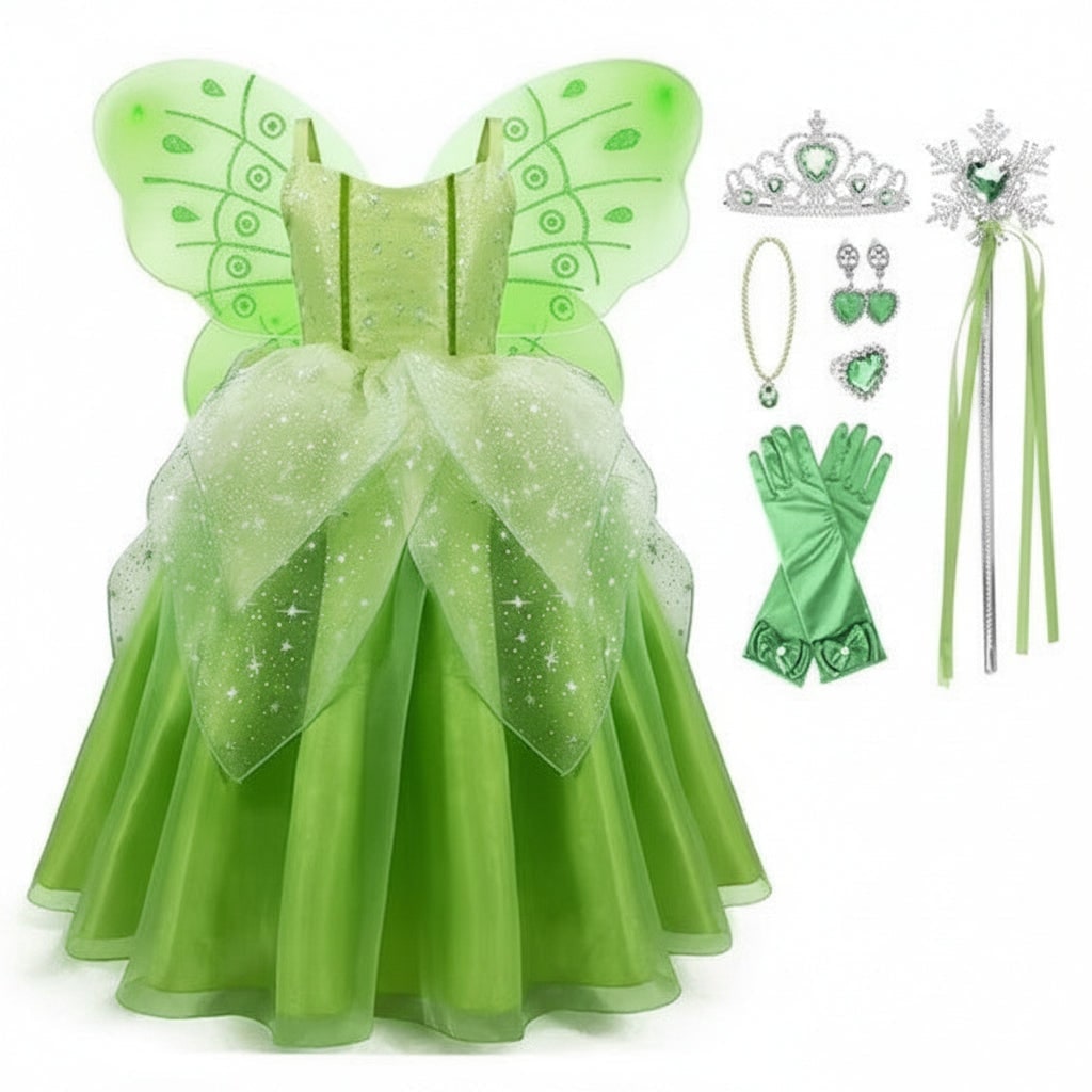 Girls' Halloween Fairy Costume and Dress Set with Wings Tiara Wand and Gloves for Pretend Play Party - Image 5