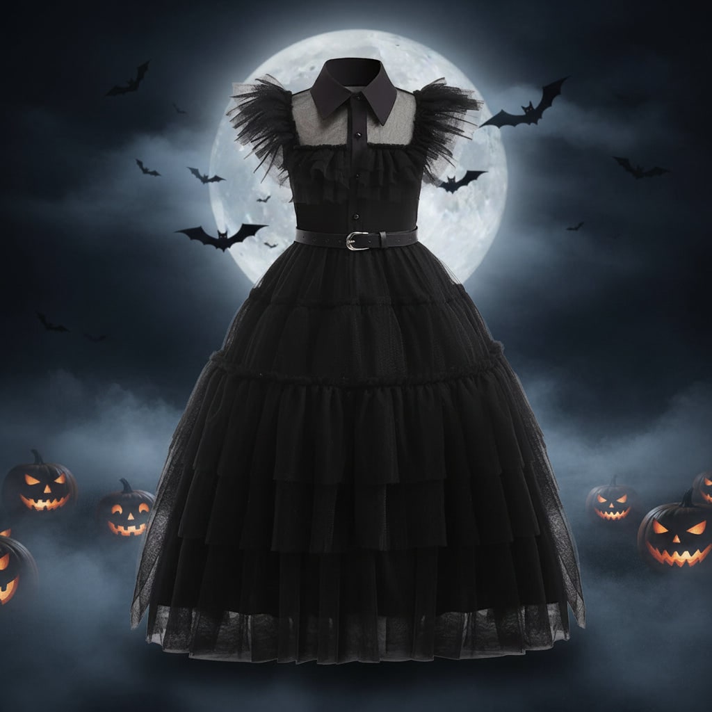 Girls' Halloween gothic schoolgirl Costume with Tiered Tulle Wig Socks and Accessories Family Set - Image 1