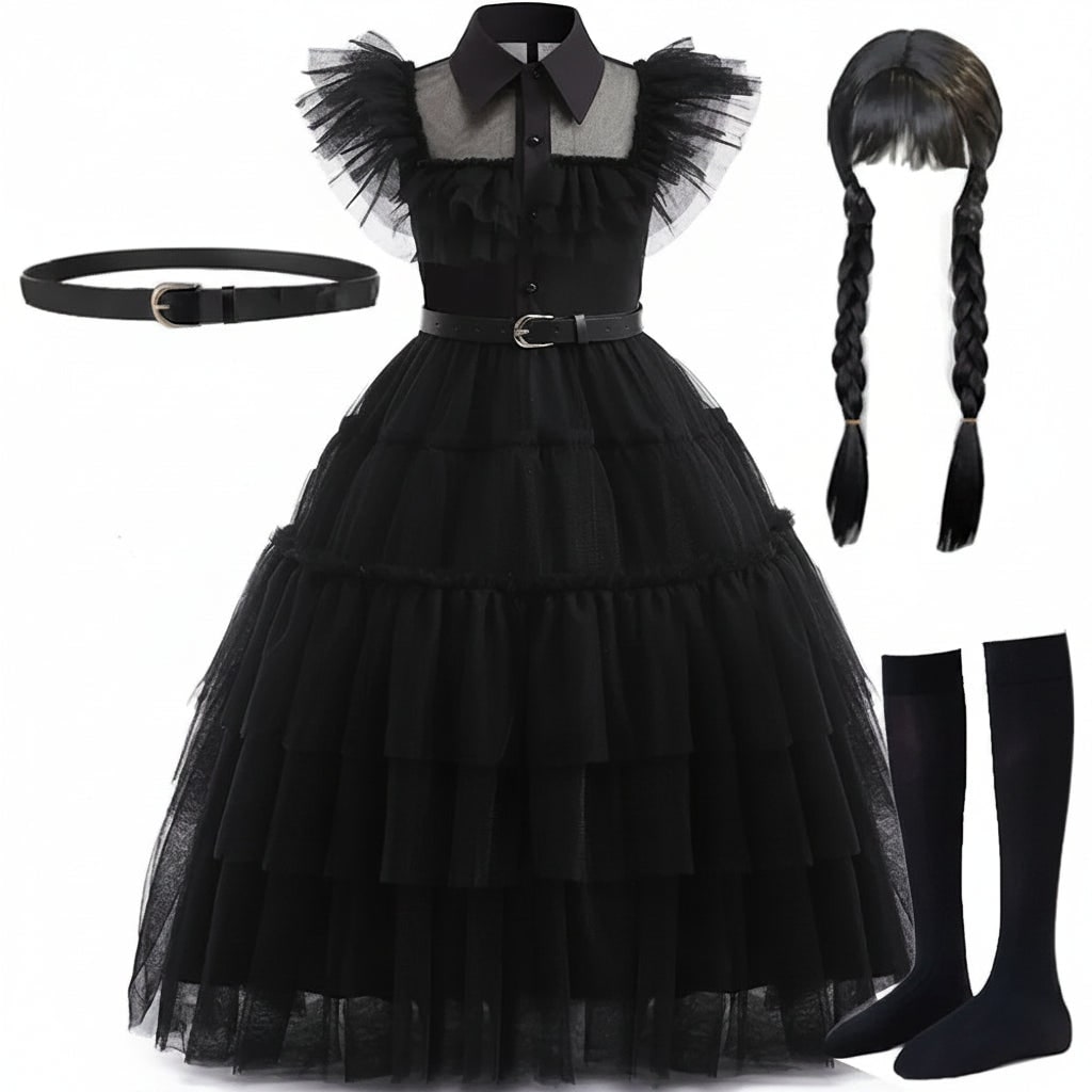 Girls' Halloween gothic schoolgirl Costume with Tiered Tulle Wig Socks and Accessories Family Set - Image 2