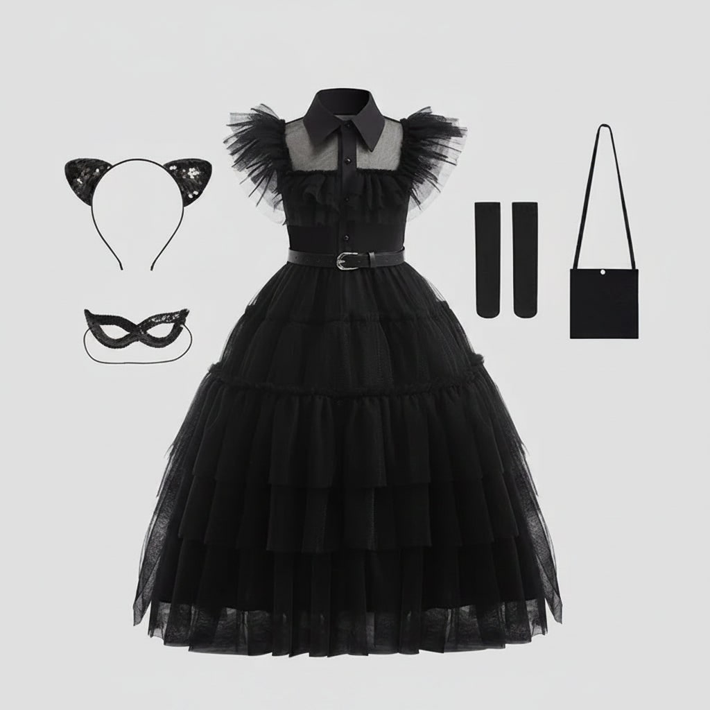 Girls' Halloween gothic schoolgirl Costume with Tiered Tulle Wig Socks and Accessories Family Set - Image 3