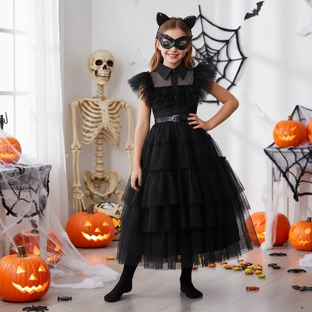 Girls' Halloween gothic schoolgirl Costume with Tiered Tulle Wig Socks and Accessories Family Set - Image 4