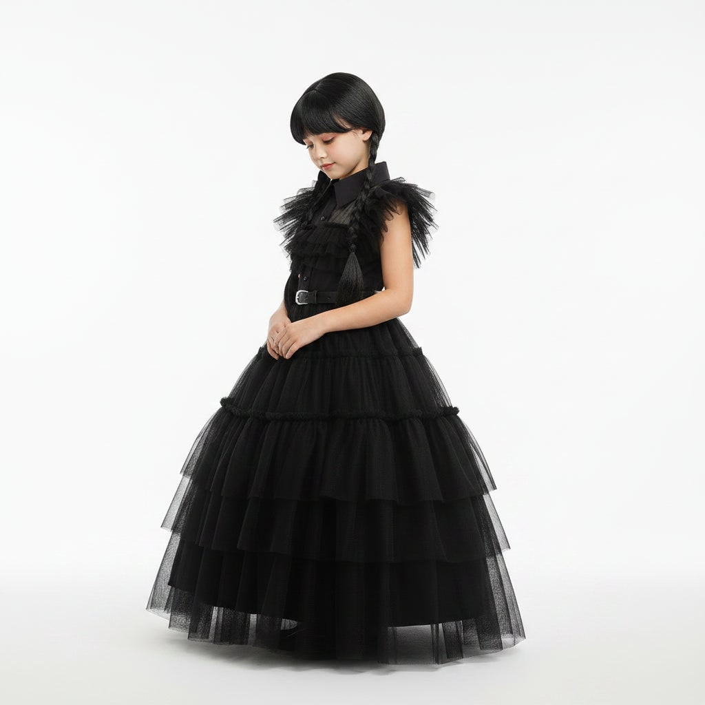 Girls' Halloween gothic schoolgirl Costume with Tiered Tulle Wig Socks and Accessories Family Set - Image 5