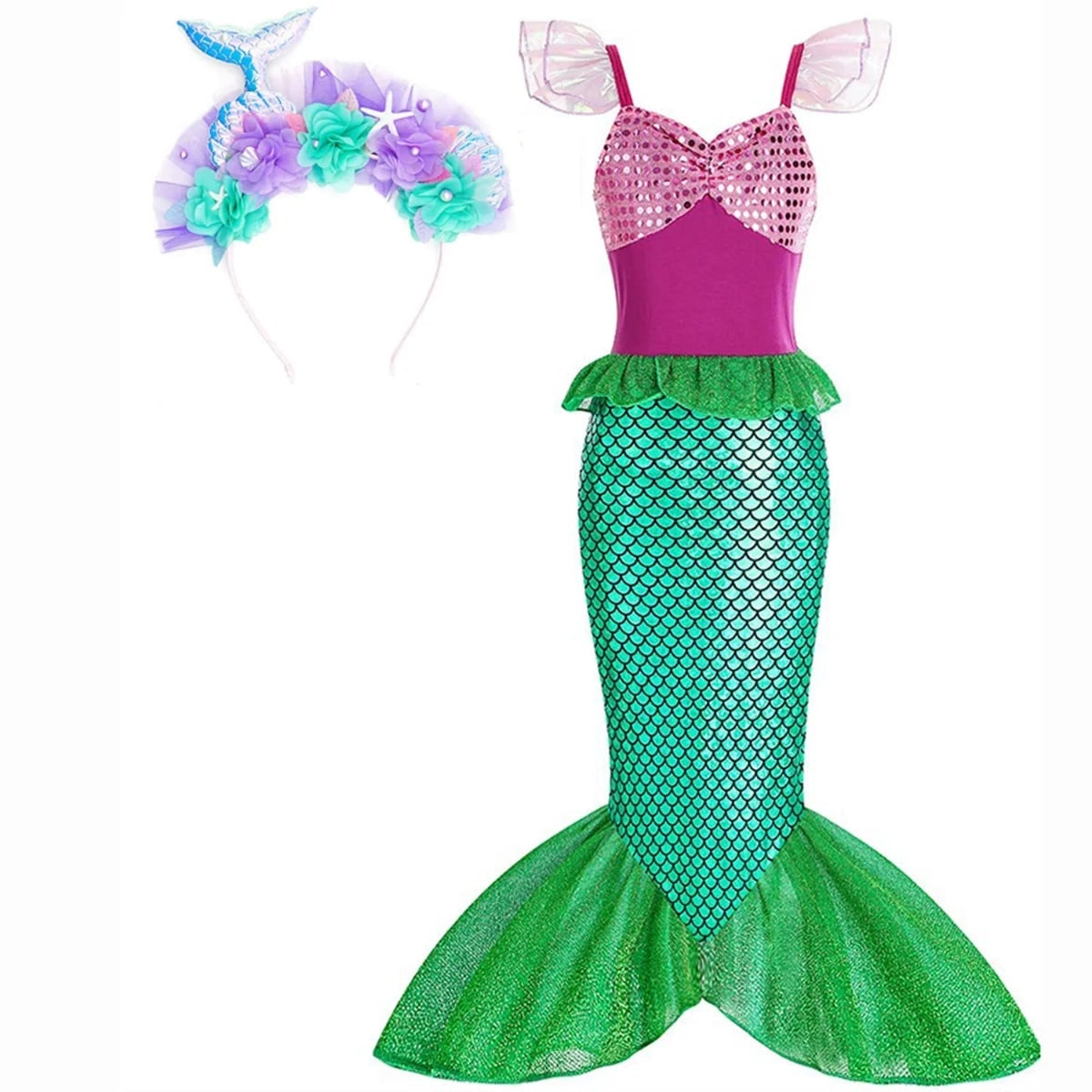 Girls' Halloween Mermaid Costume Dress with Sequin Accessories for Dress-Up Party - Image 10