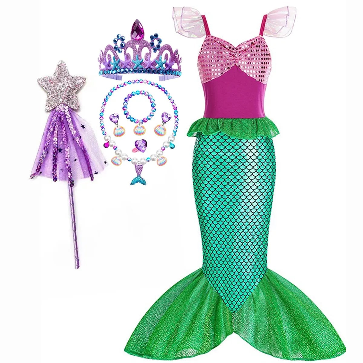 Girls' Halloween Mermaid Costume Dress with Sequin Accessories for Dress-Up Party - Image 11