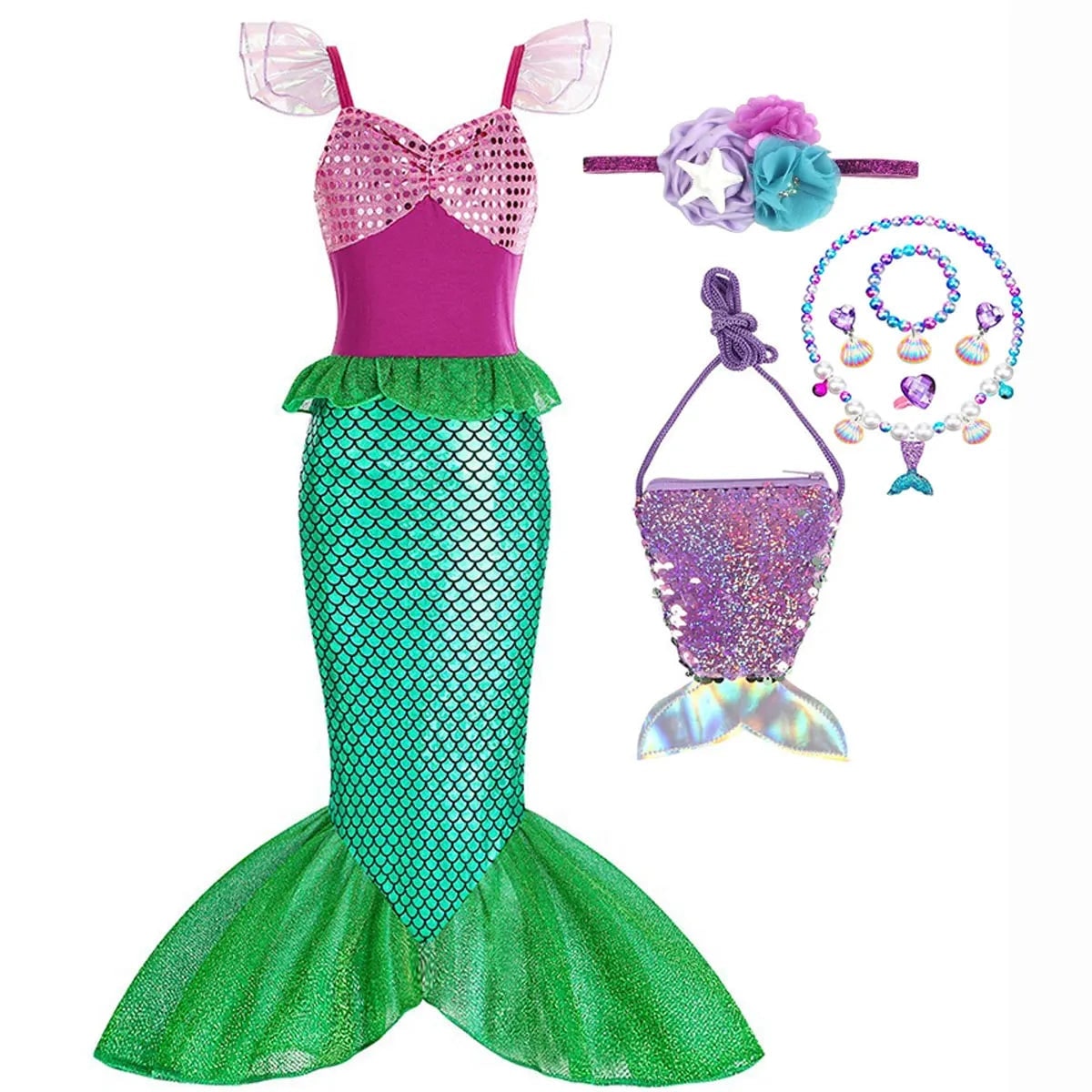 Girls' Halloween Mermaid Costume Dress with Sequin Accessories for Dress-Up Party - Image 12