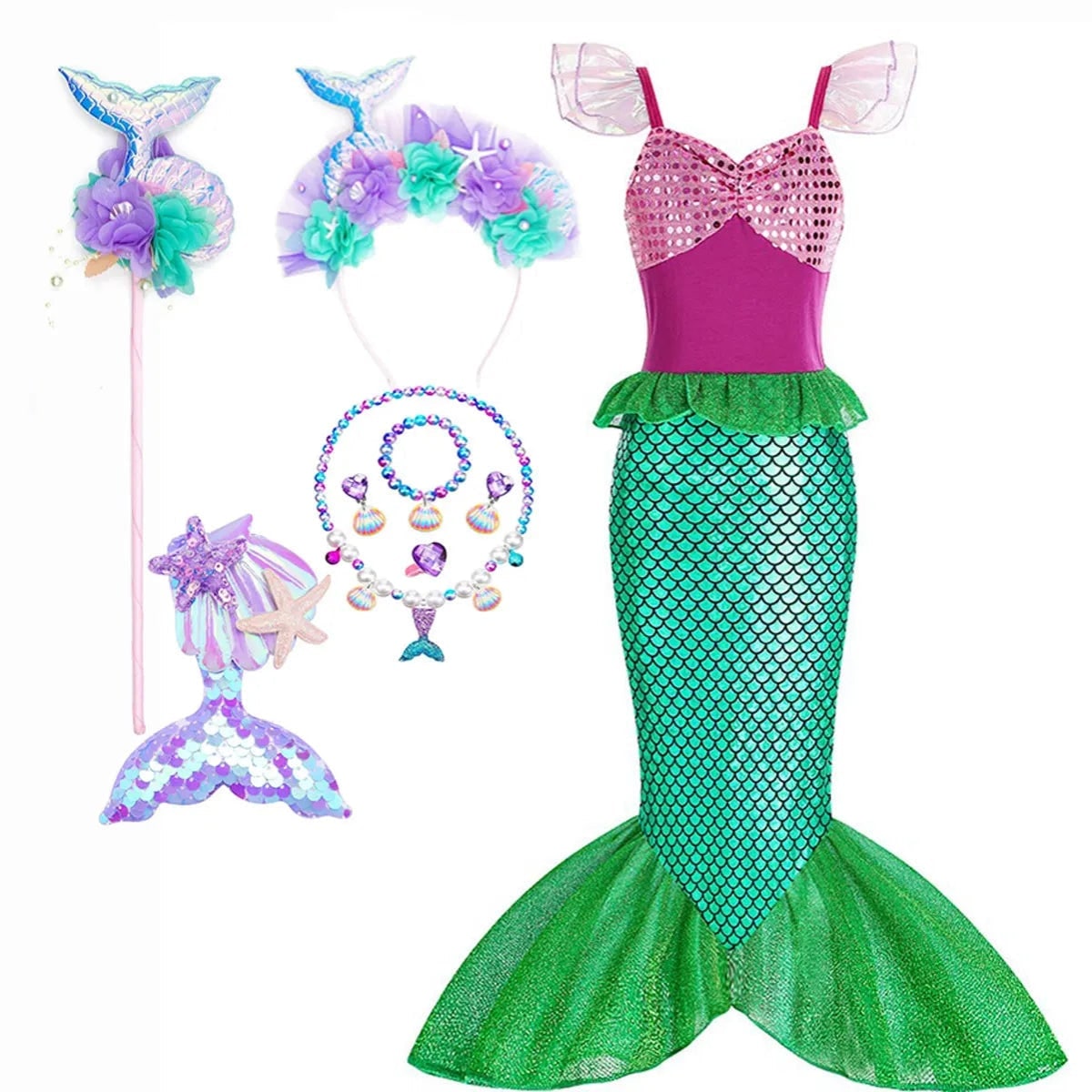 Girls' Halloween Mermaid Costume Dress with Sequin Accessories for Dress-Up Party - Image 13