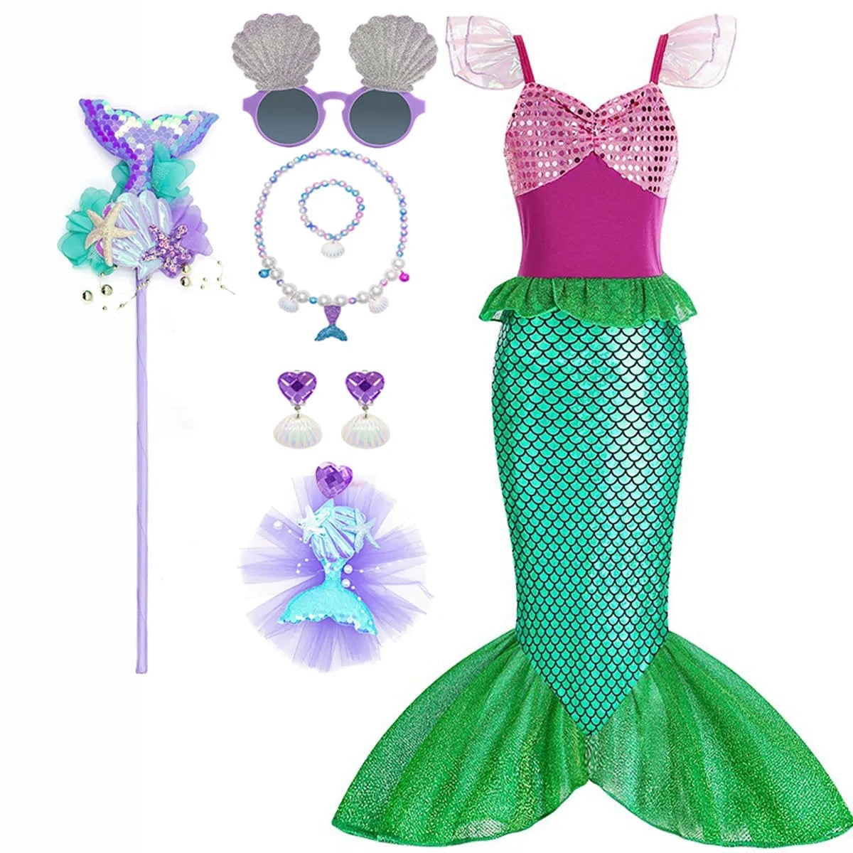 Girls' Halloween Mermaid Costume Dress with Sequin Accessories for Dress-Up Party - Image 14