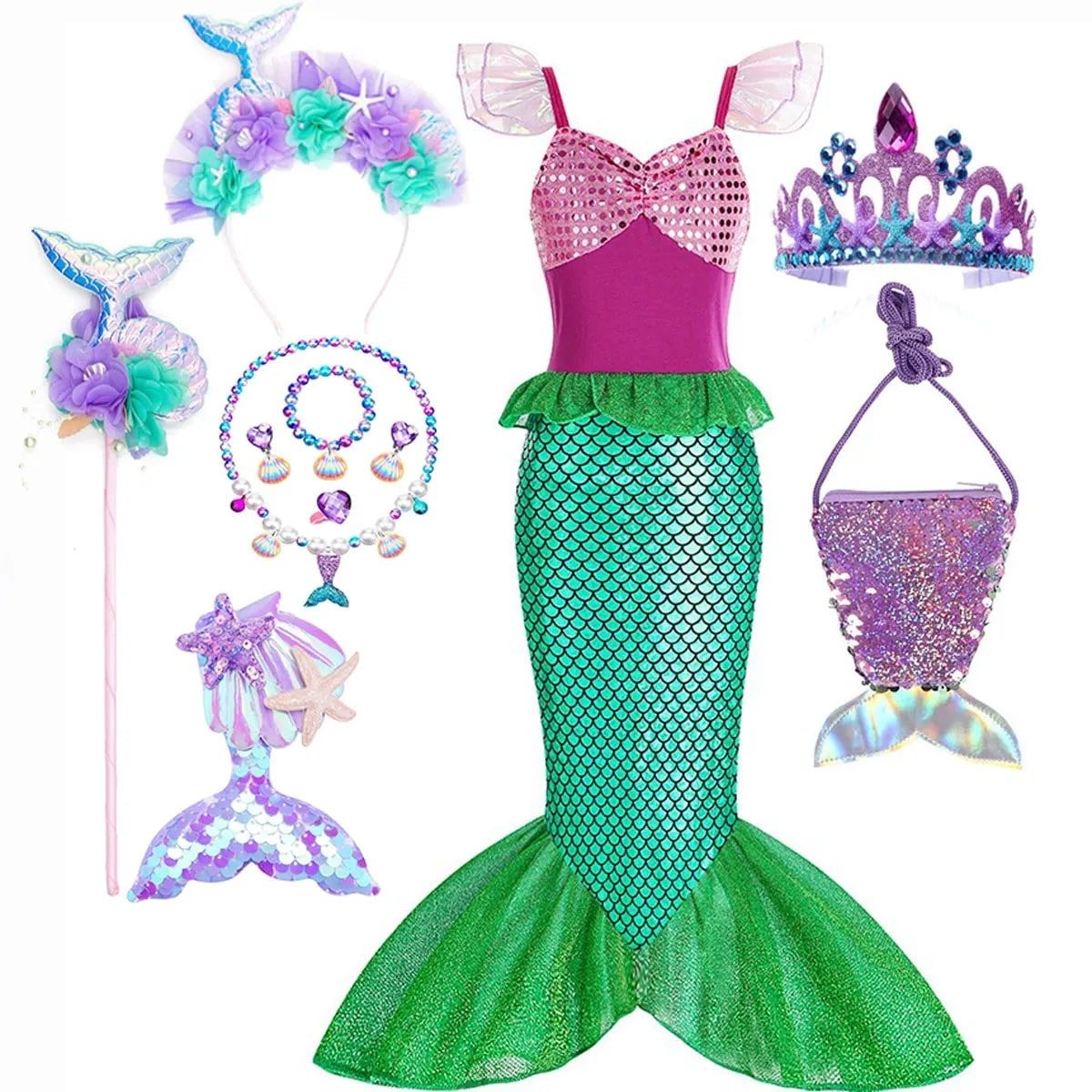 Girls' Halloween Mermaid Costume Dress with Sequin Accessories for Dress-Up Party - Image 16