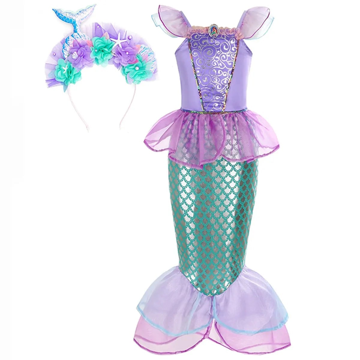 Girls' Halloween Mermaid Costume Dress with Sequin Accessories for Dress-Up Party - Image 2