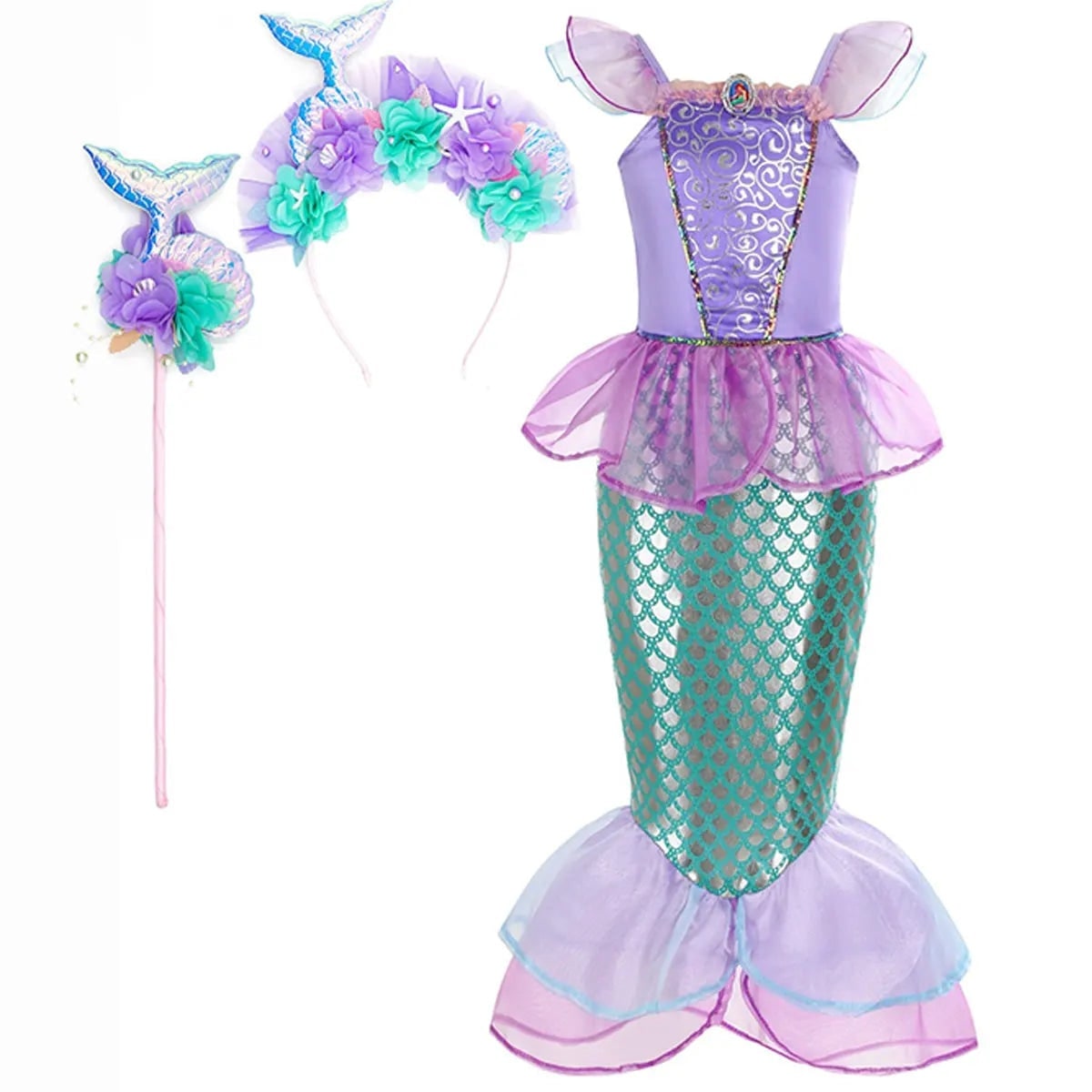 Girls' Halloween Mermaid Costume Dress with Sequin Accessories for Dress-Up Party - Image 4