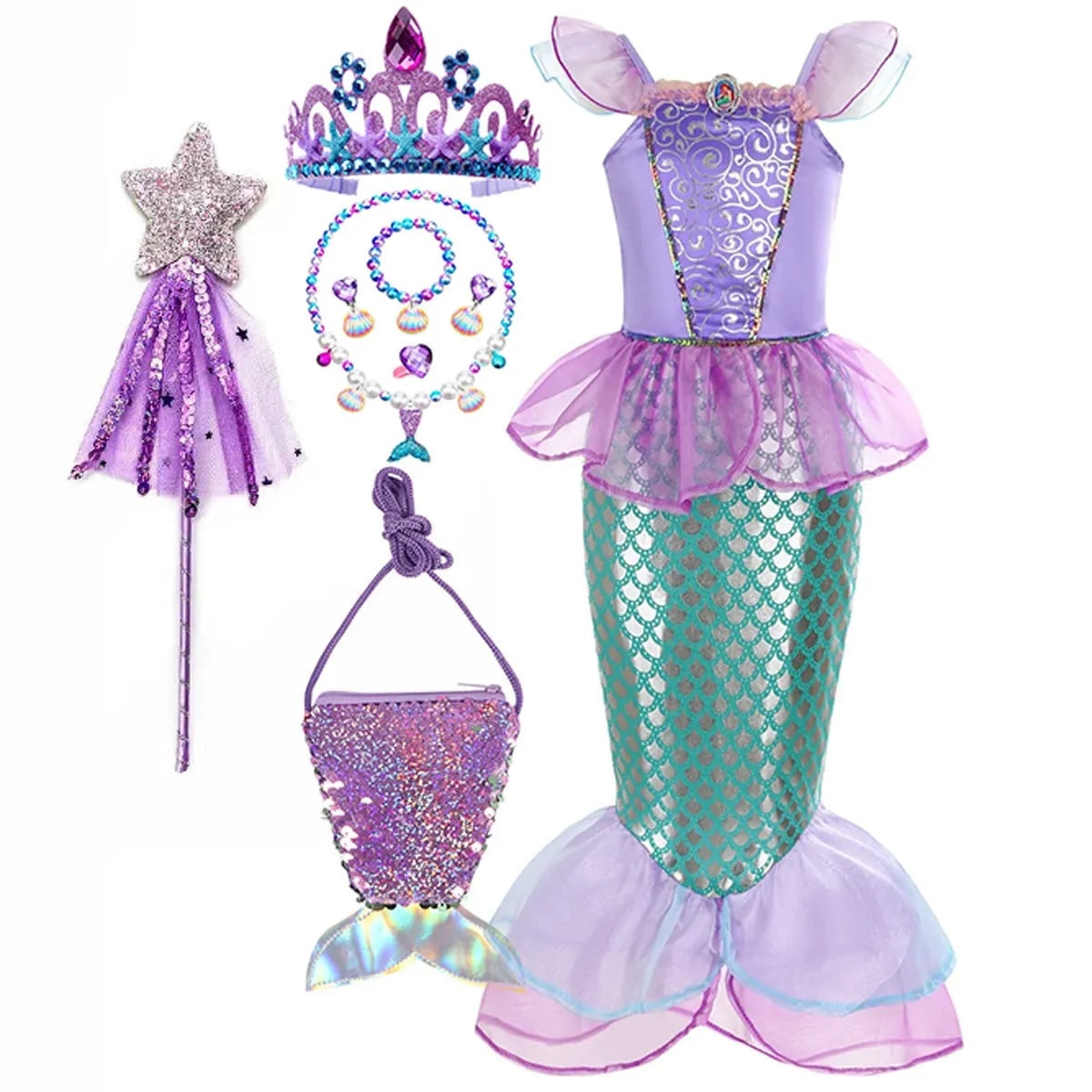 Girls' Halloween Mermaid Costume Dress with Sequin Accessories for Dress-Up Party - Image 6