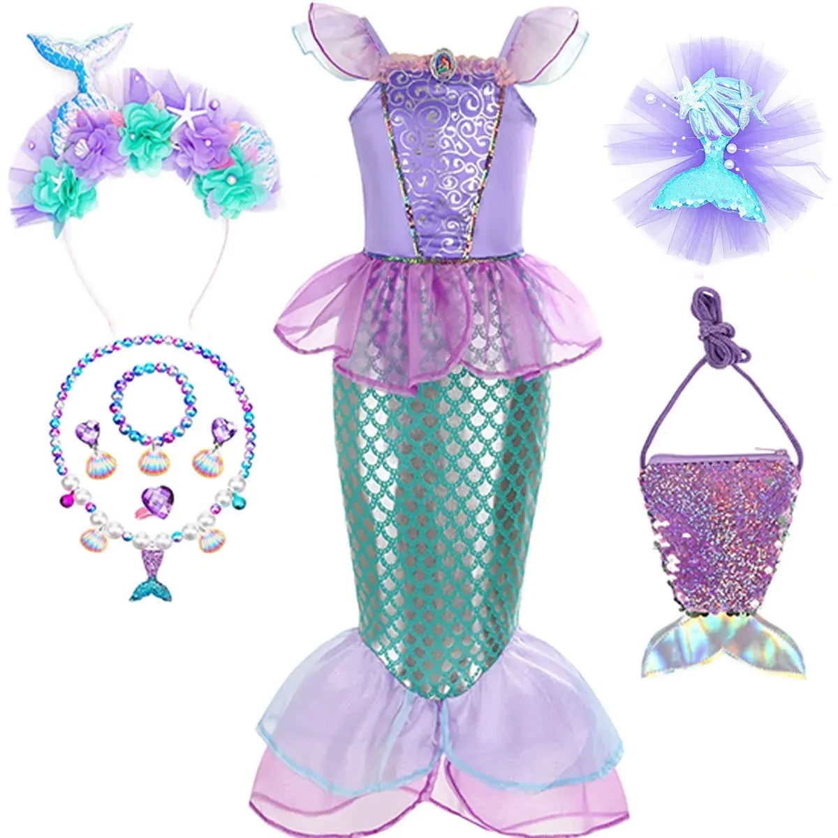 Girls' Halloween Mermaid Costume Dress with Sequin Accessories for Dress-Up Party - Image 7