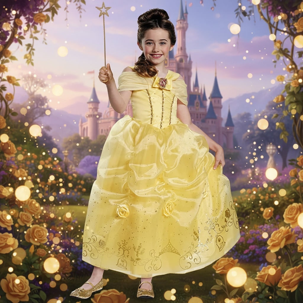 Girls' Halloween Princess Costume Dress with Gold Sequin Bodice and Flowing Skirt - Image 1
