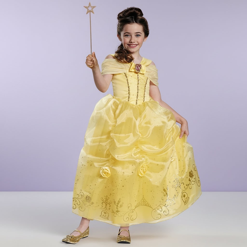 Girls' Halloween Princess Costume Dress with Gold Sequin Bodice and Flowing Skirt - Image 3