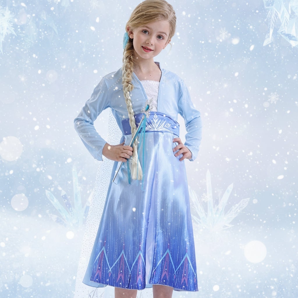 Girls' Halloween Princess Costume Dress with Sheer Cape and Snowflake Wand - Image 1