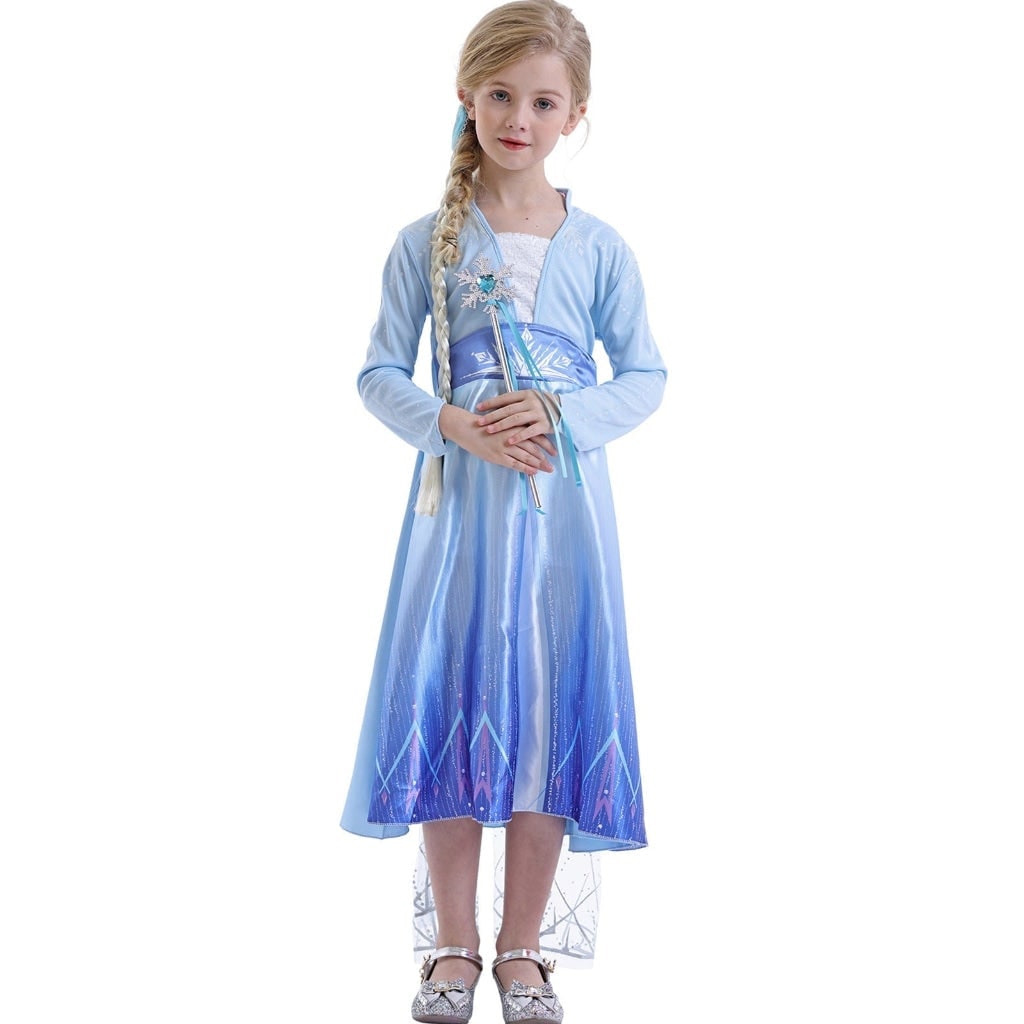 Girls' Halloween Princess Costume Dress with Sheer Cape and Snowflake Wand - Image 3