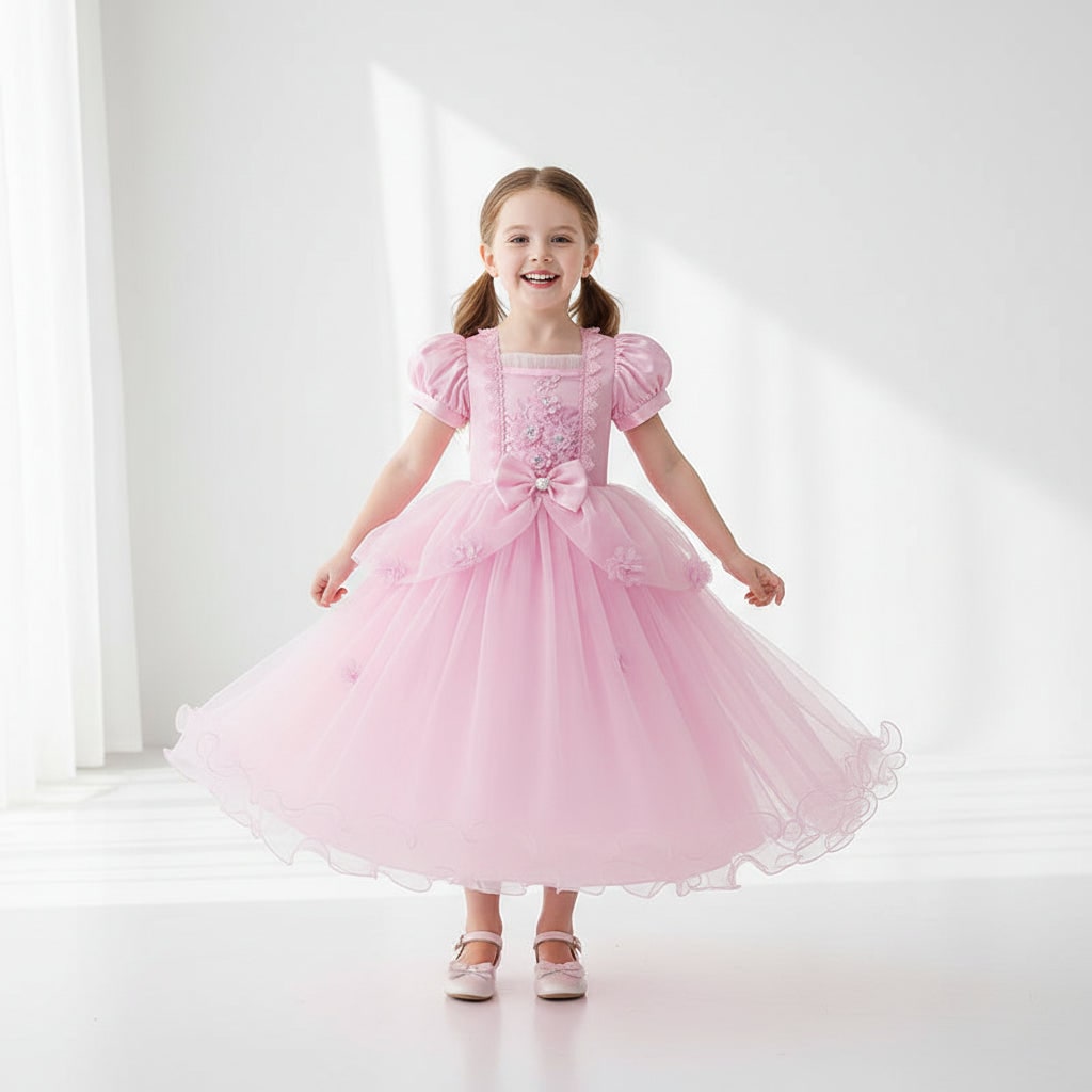 Girls' Halloween Princess Party Dress with Puff Sleeves and Tulle Skirt Fall Dresses - Image 1