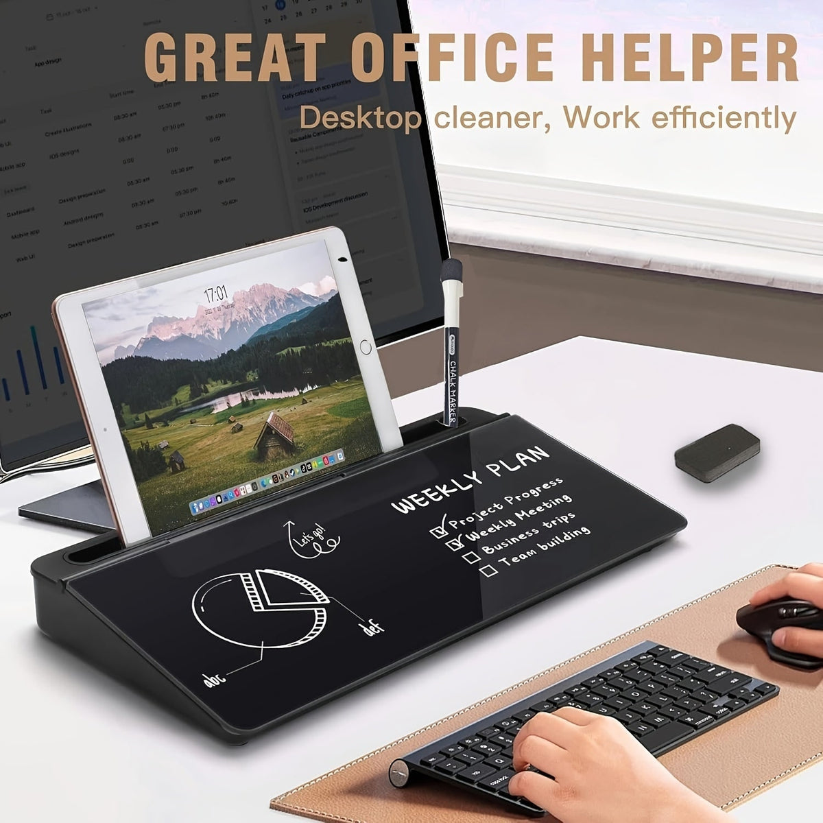 Glass Dry Erase Board with Magnetic Desktop Organizer and Built-In Storage - Image 1
