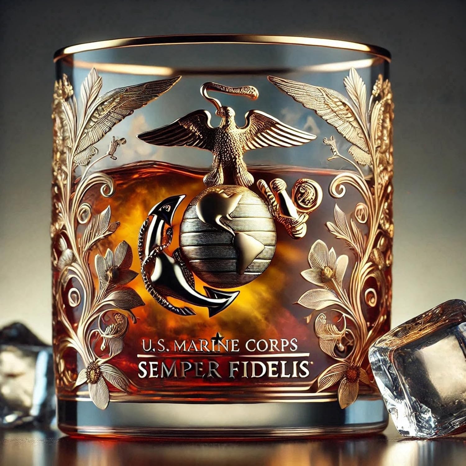 Glencairn Bourbon Whiskey Glass Set with Gold Military Emblem and Filigree Glassware - Image 4