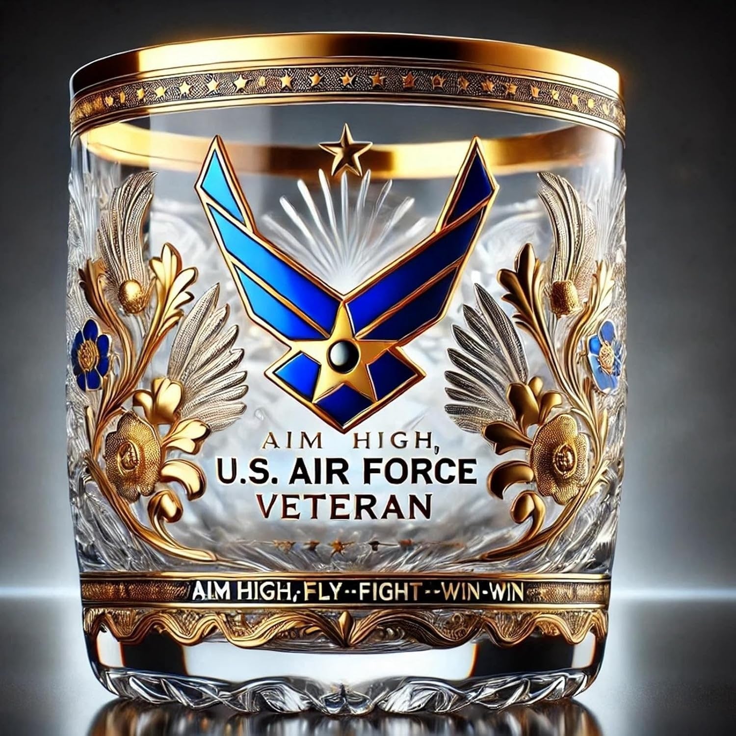 Gold Rim Whiskey Glass Textured Base Military Branch Ornate Veteran Tumbler - Image 1