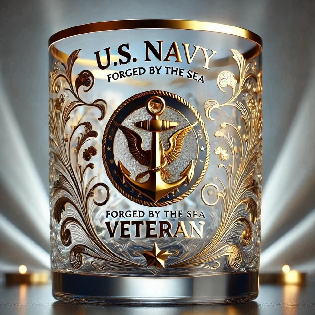 Gold Rim Whiskey Glass Textured Base Military Branch Ornate Veteran Tumbler - Image 2