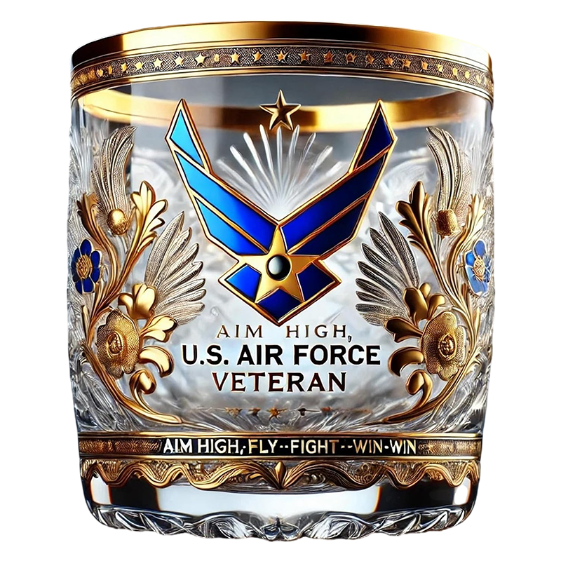 Gold Rim Whiskey Glass Textured Base Military Branch Ornate Veteran Tumbler - Image 3