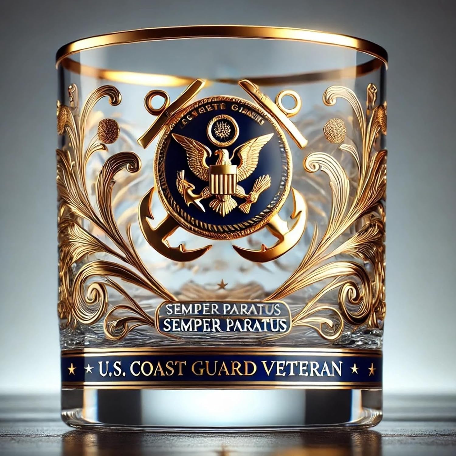 Gold Rim Whiskey Glass Textured Base Military Branch Ornate Veteran Tumbler - Image 4