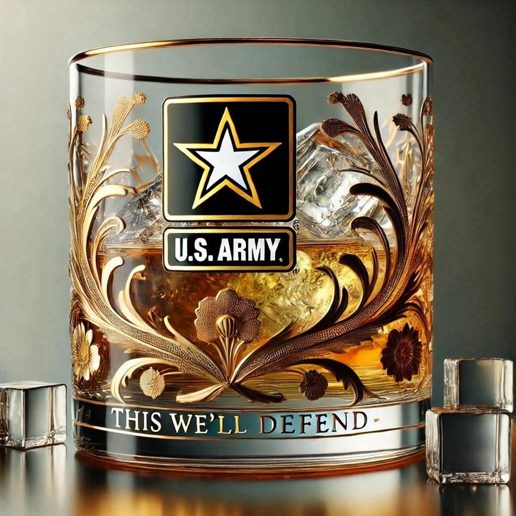 Gold Rim Whiskey Glass Textured Base Military Branch Ornate Veteran Tumbler - Image 5