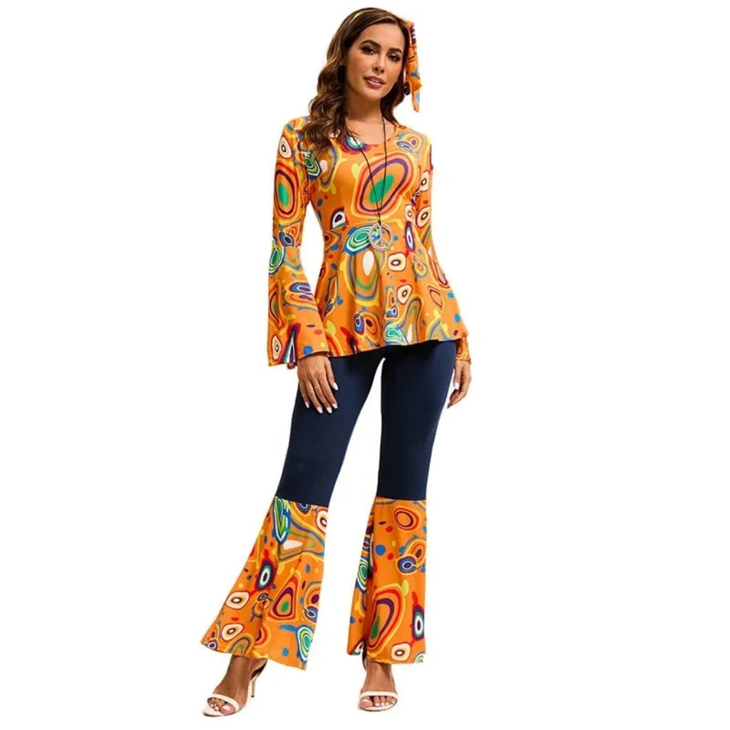 Halloween 1970s Hippie Costume with Bell Bottoms and Psychedelic Print 70s Theme - Image 1