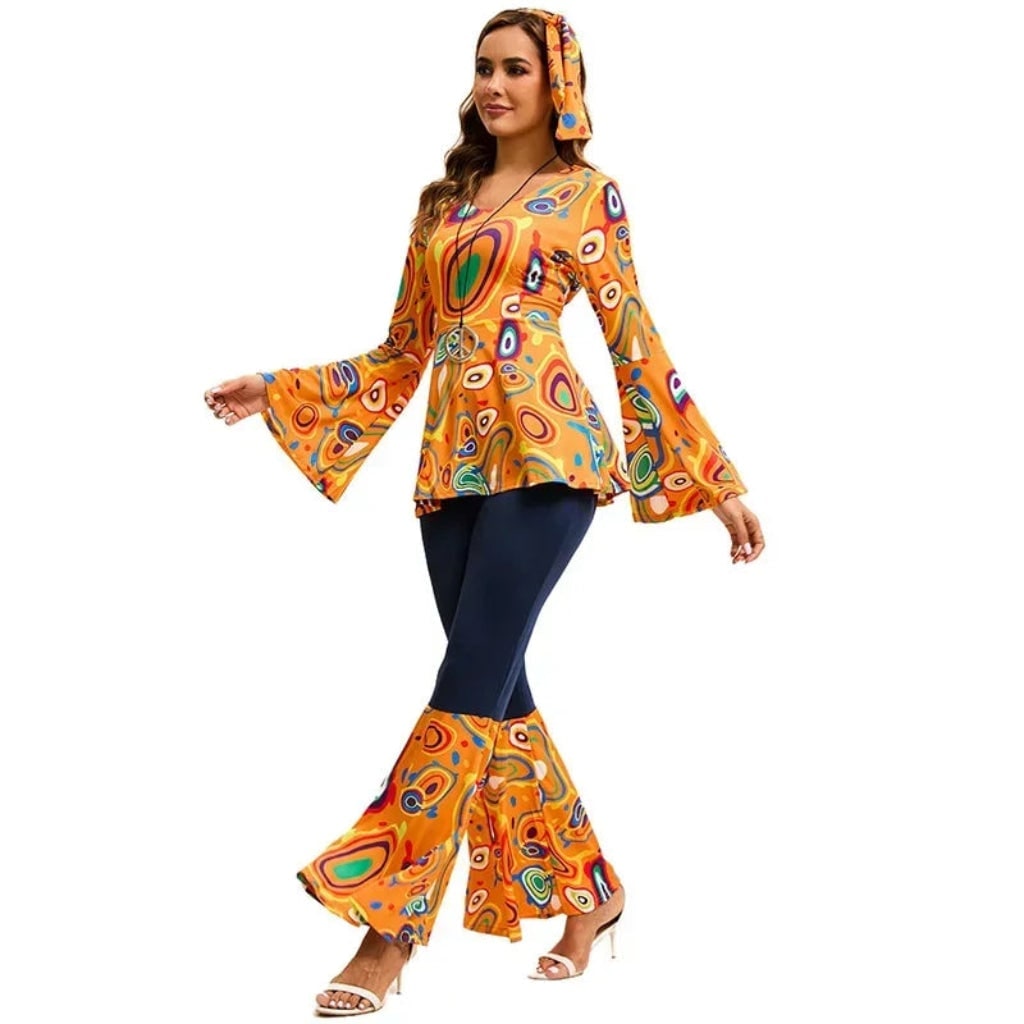 Halloween 1970s Hippie Costume with Bell Bottoms and Psychedelic Print 70s Theme - Image 2