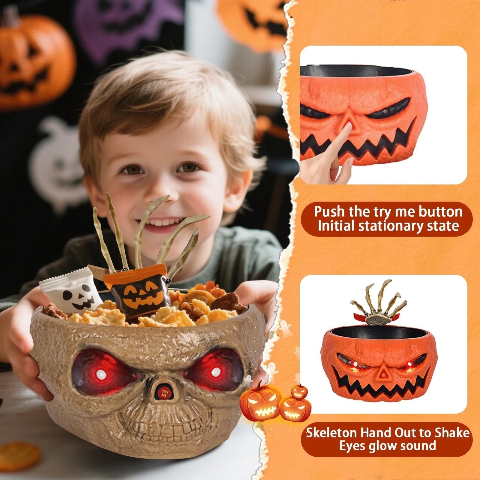 Halloween Animated Candy Bowl with Motion Activated Skeleton Hand and LED Eyes - Image 1