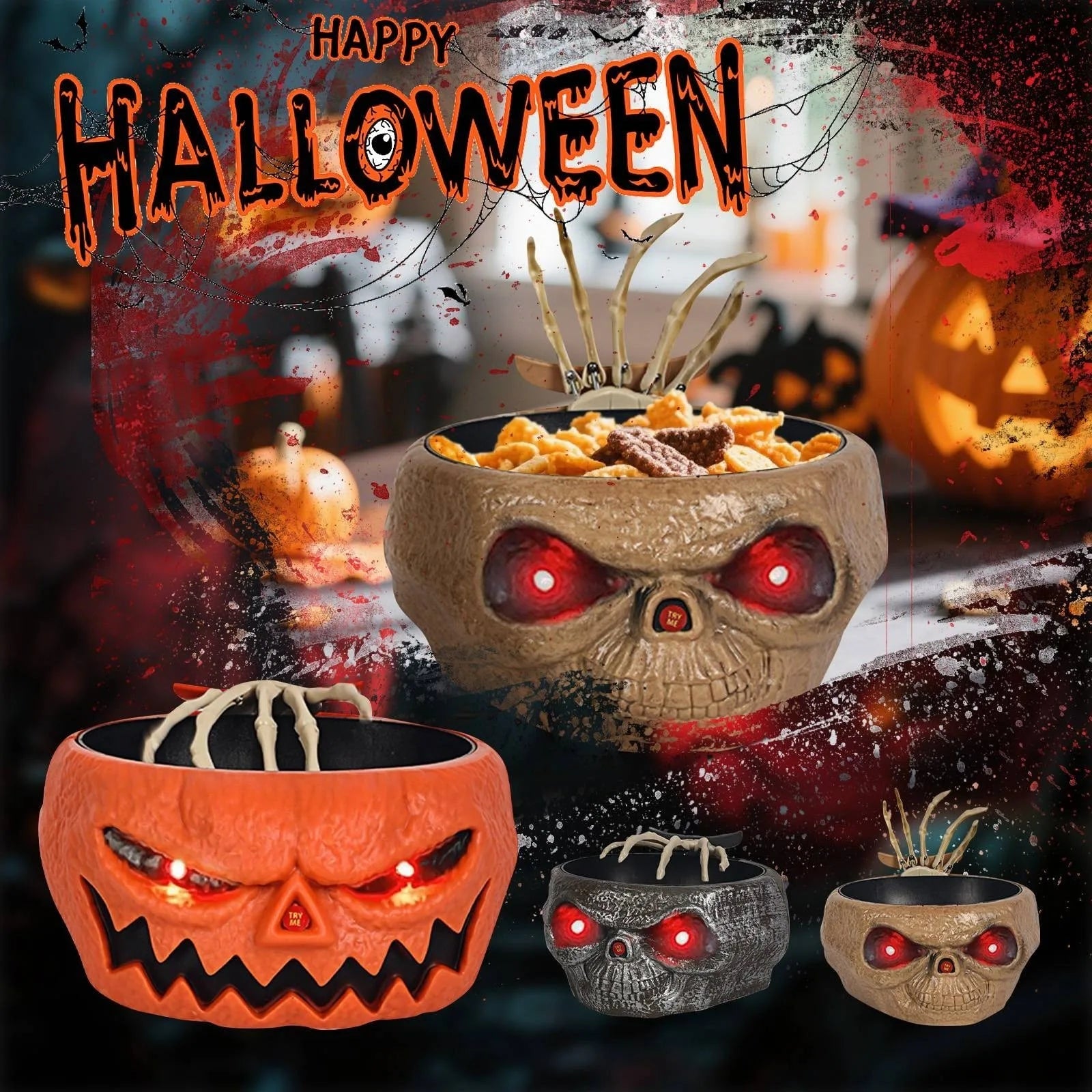 Halloween Animated Candy Bowl with Motion Activated Skeleton Hand and LED Eyes - Image 2