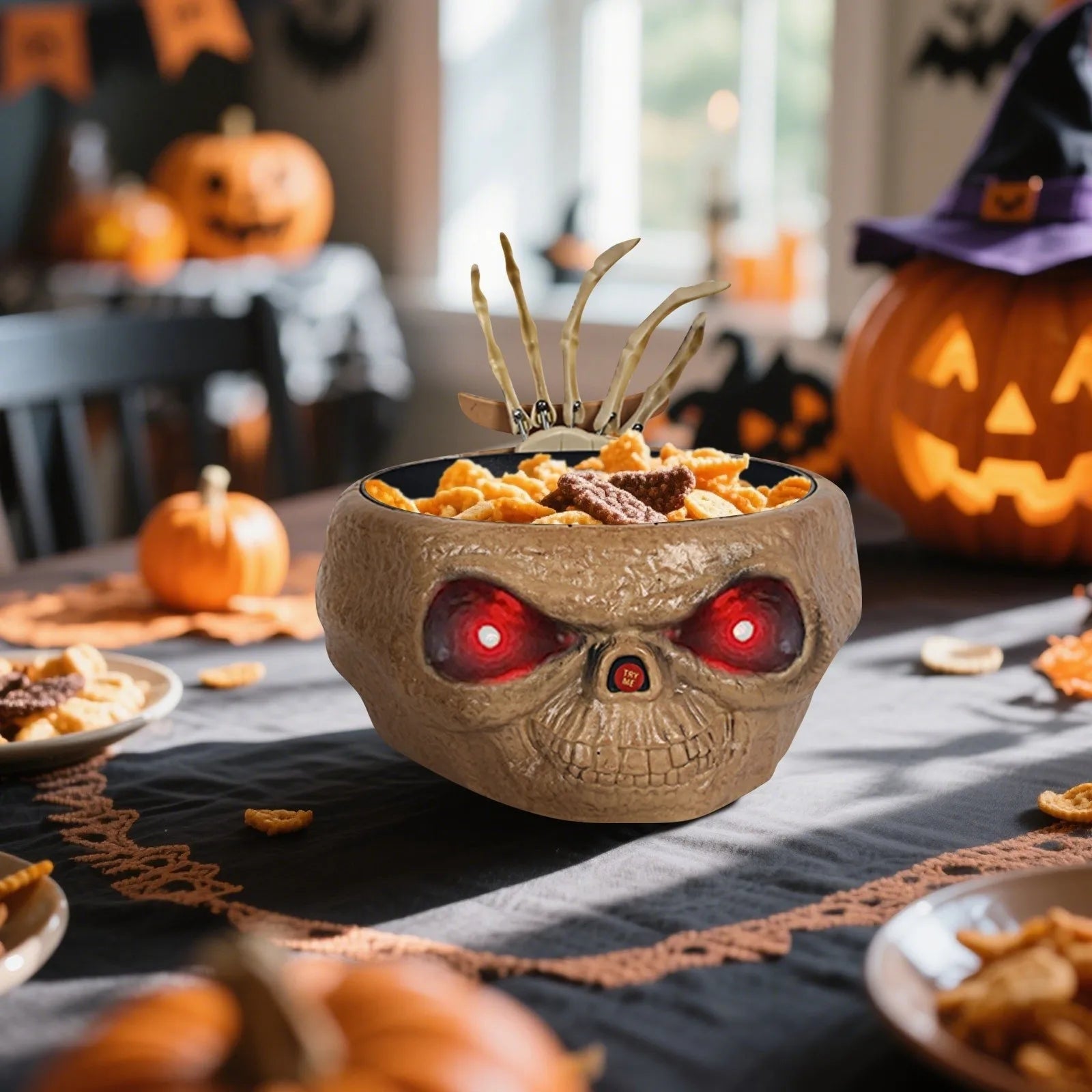 Halloween Animated Candy Bowl with Motion Activated Skeleton Hand and LED Eyes - Image 3