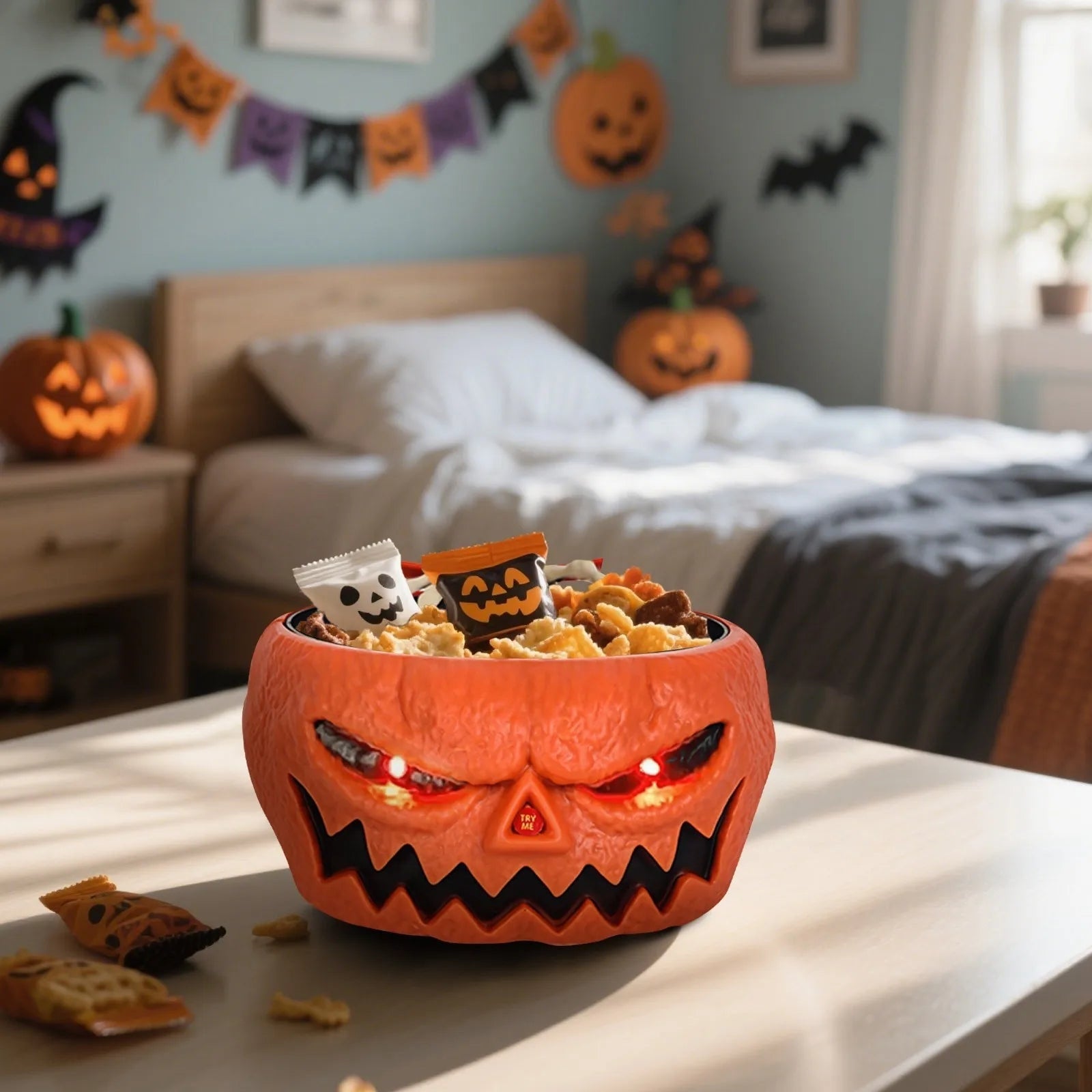 Halloween Animated Candy Bowl with Motion Activated Skeleton Hand and LED Eyes - Image 4
