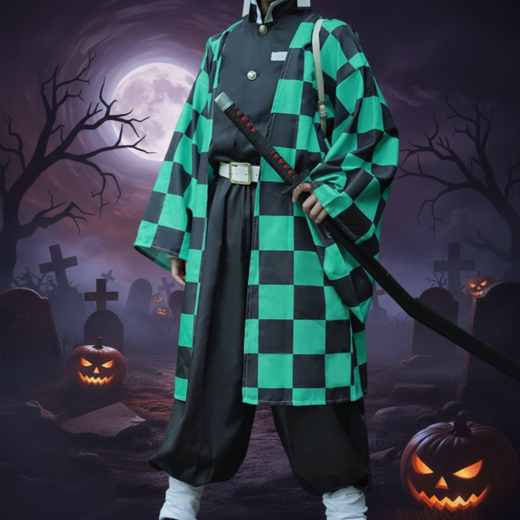 Halloween Anime Cosplay Costume with Checkered Haori Jacket and Fox - Image 1