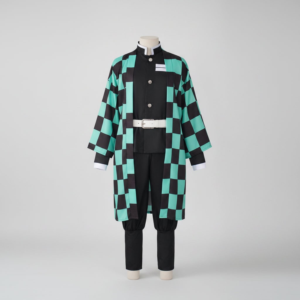 Halloween Anime Cosplay Costume with Checkered Haori Jacket and Fox - Image 2