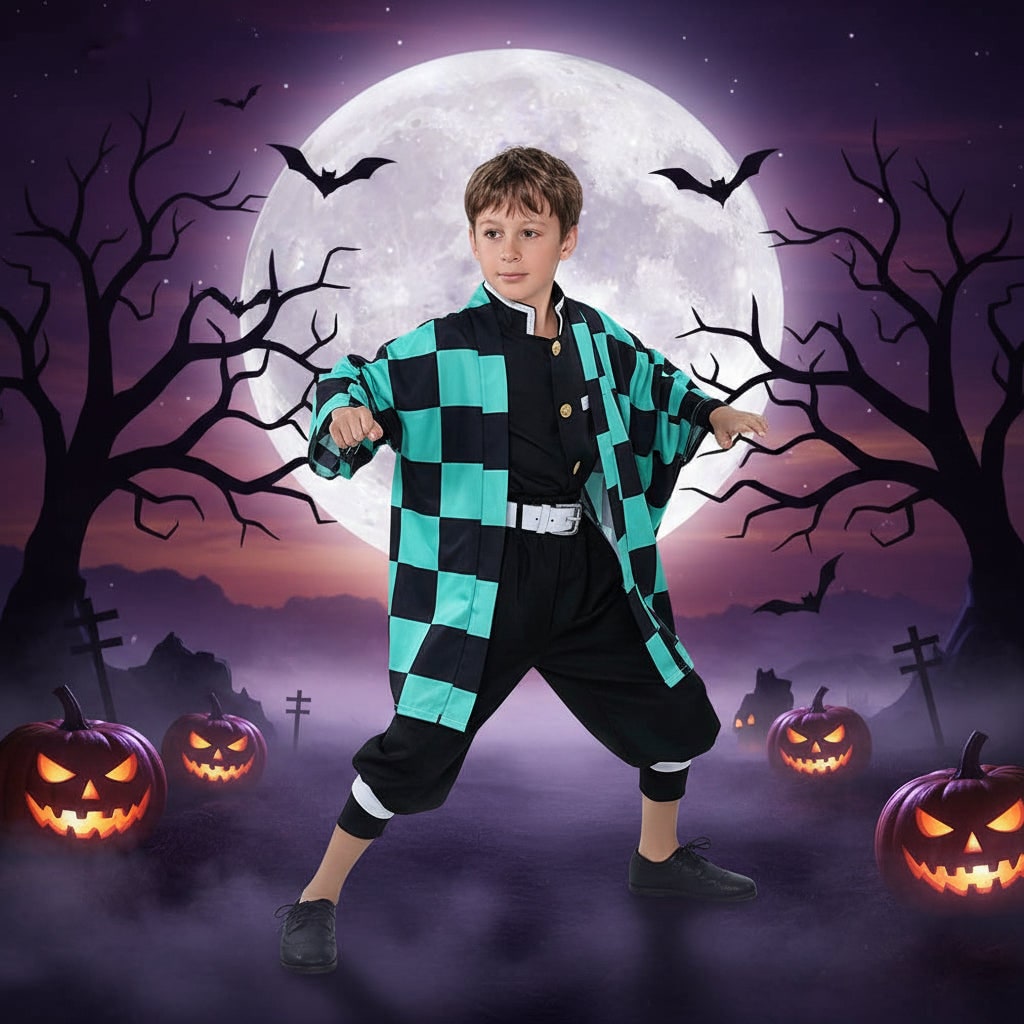 Halloween Anime Cosplay Costume with Checkered Haori Jacket and Fox - Image 6