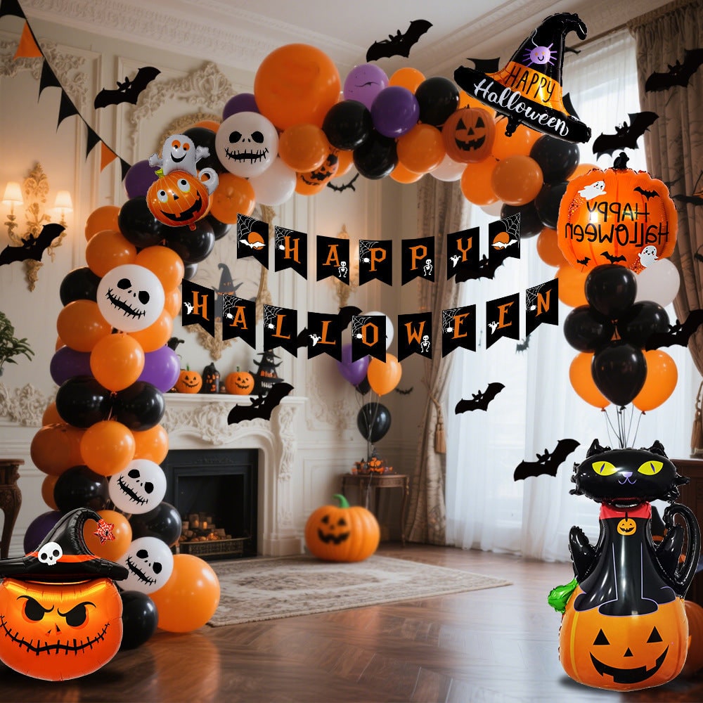 Halloween Balloon Arch Kit with Garland Decoration Foil Banner Bat Decals and Glue Dots - Image 1