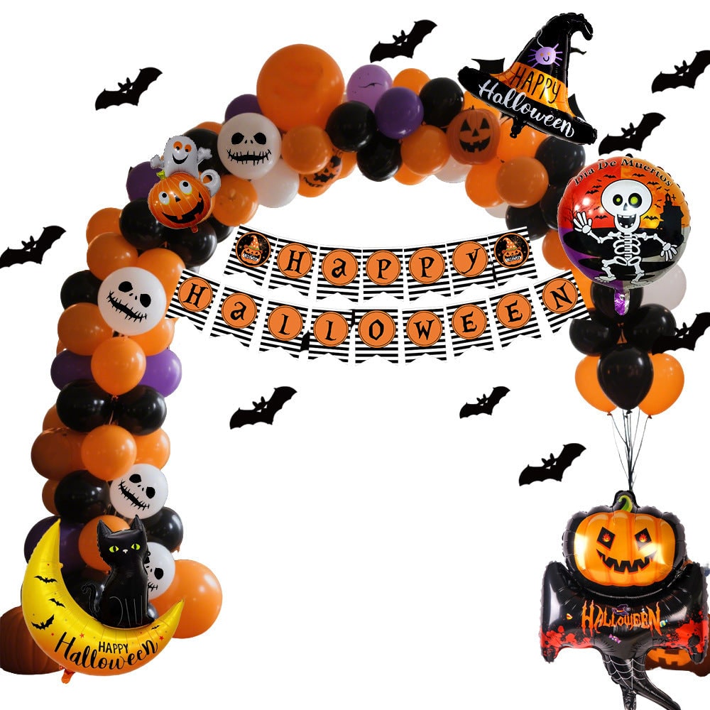 Halloween Balloon Arch Kit with Garland Decoration Foil Banner Bat Decals and Glue Dots - Image 4