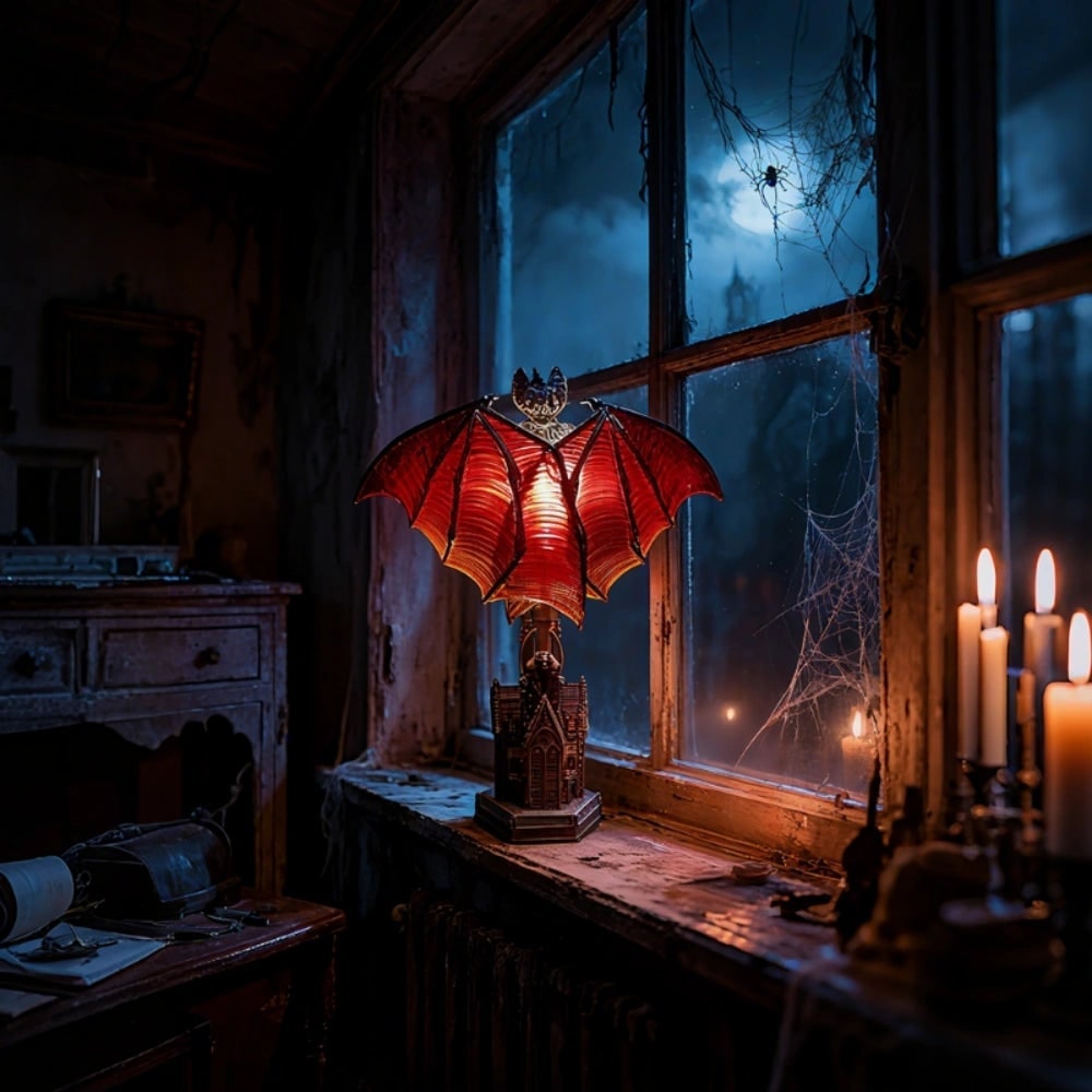Halloween Bat Table Lamp with Mid Century Modern Design and Battery Powered Cathedral Base - Image 1