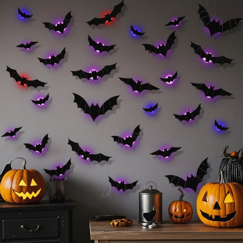 Halloween Bat Wall Decals with LED Lights 3D Peel and Stick Removable Decorative for Spooky - Image 2