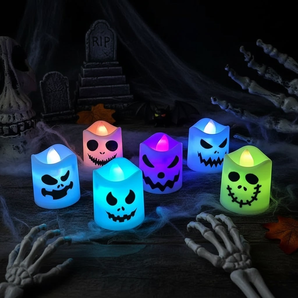 Halloween Battery Operated LED Tea Light Candles with Spooky Faces Remote Control - Image 1